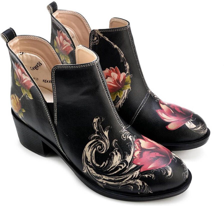 GOBY Elegant Floral Dames Enkellaarsjes Handgemaakt Vegan Leer