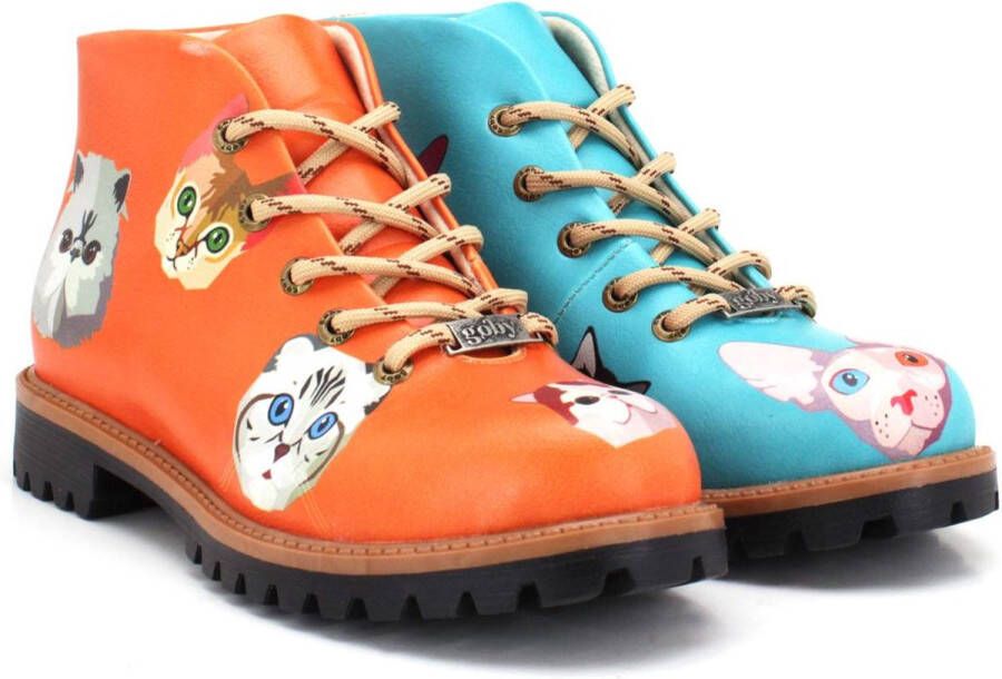 GOBY Orange & Blue Cats Ankle Boots Laars Laarzen Damesboots Dames laarzen Enkel laarzen Handmade