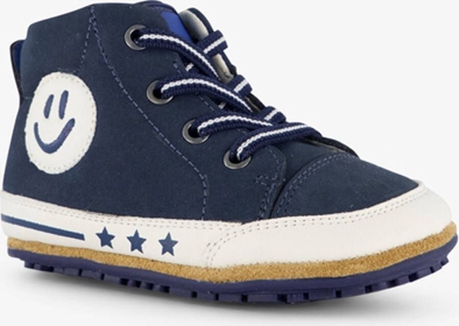 Groot leren babyschoenen blauw met smiley Uitneembare zool In cadeauverpakking