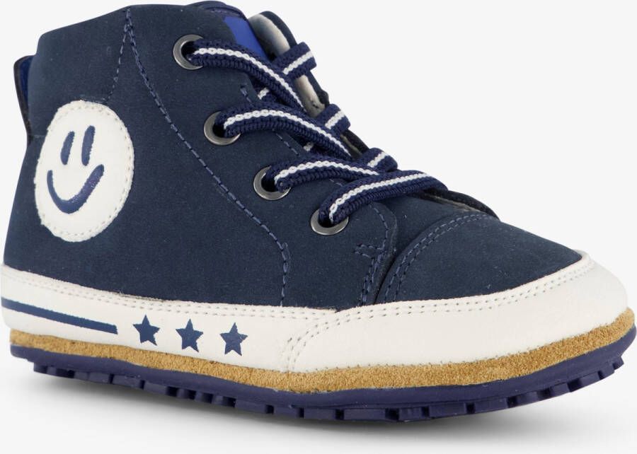 Groot leren babyschoenen blauw met smiley Uitneembare zool In cadeauverpakking