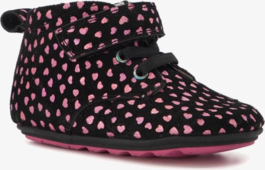 Groot leren babyschoenen zwart met roze hartjes Uitneembare zool In cadeauverpakking