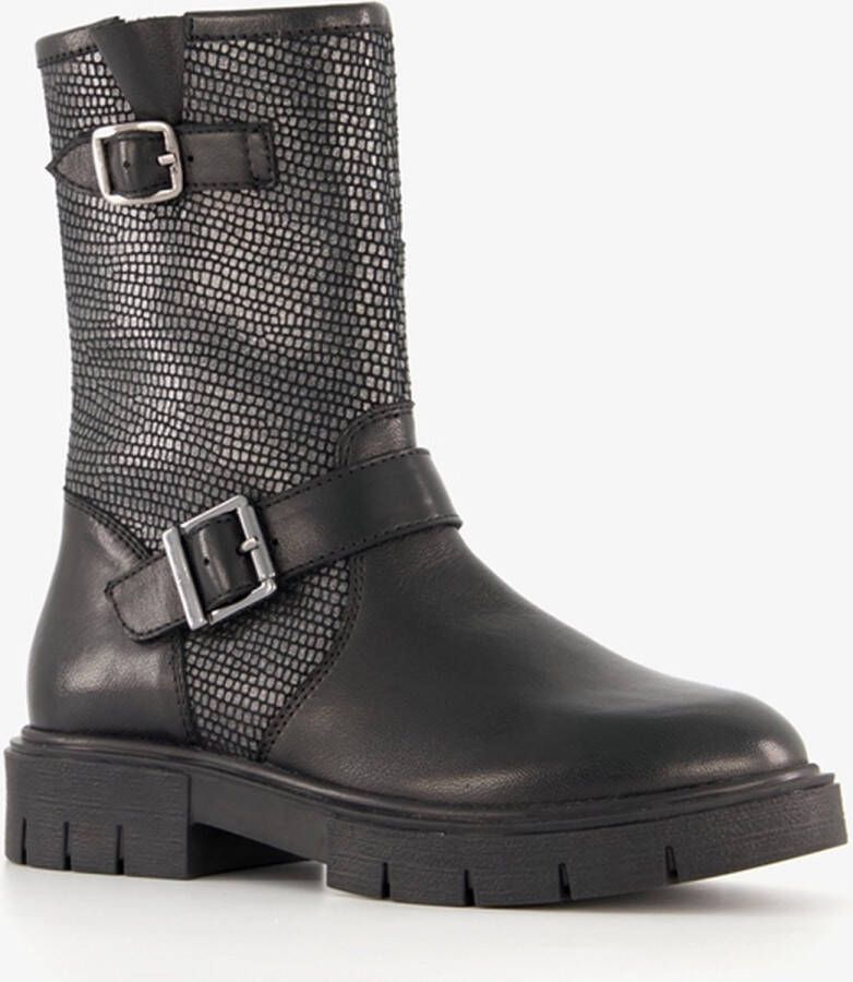 Groot leren meisjes biker boots zwart