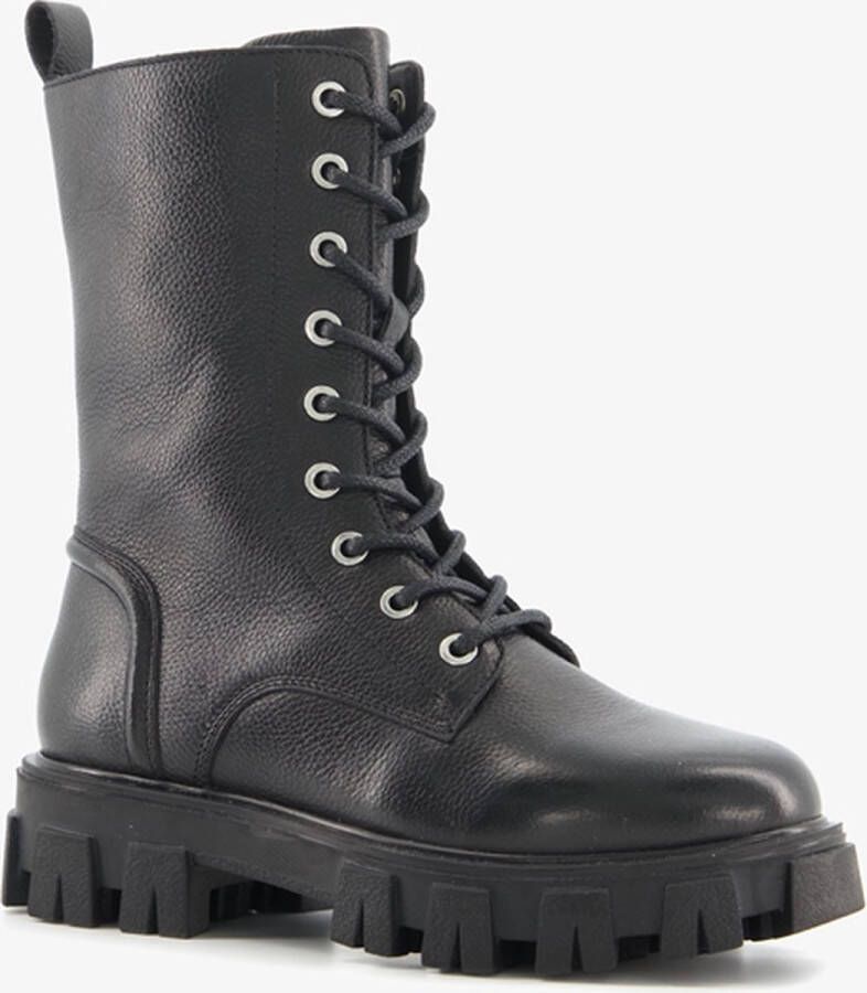 Groot leren meisjes veterboots met chunky zool Zwart