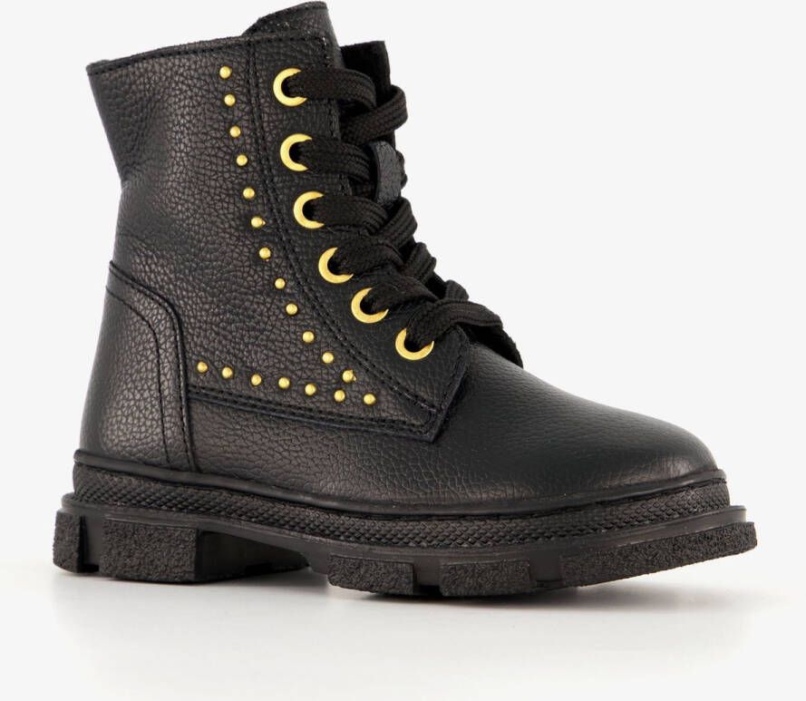 Groot leren meisjes veterboots met studs zwart