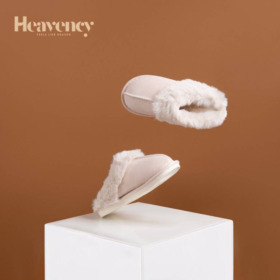 Heavency Pantoffels en Fluffy Open Sloffen met Pluche Voering Antislip Zool Beige