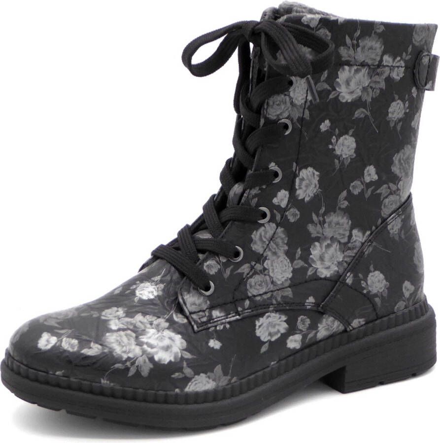 Jana Dames Veterboot 25274-005 Zwart Gebloemd Wijdte H