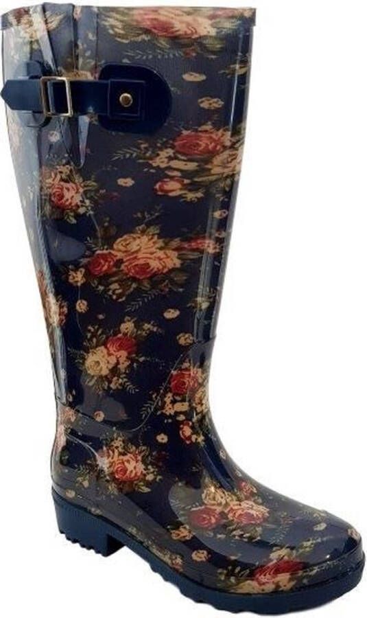 JJ Footwear Regenlaars Wide Wellies Blauw Flowers Kuitmaat L