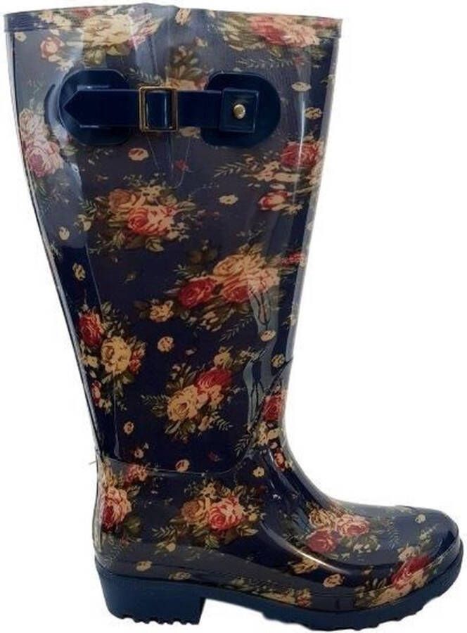 JJ Footwear Regenlaars Wide Wellies Flowers Blauw Kuitmaat XXL