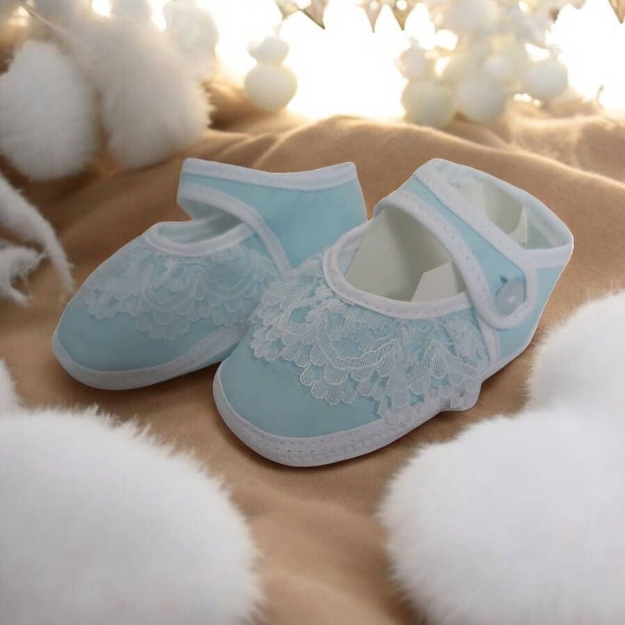 Junior joy Babyschoenen Newborn Meisjes Lichtblauw wit Met Kant