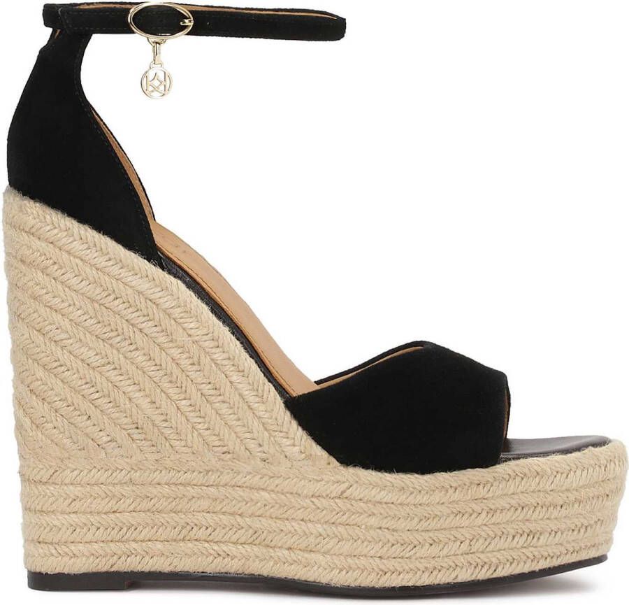 Kazar Black suede wedge sandals on a platform