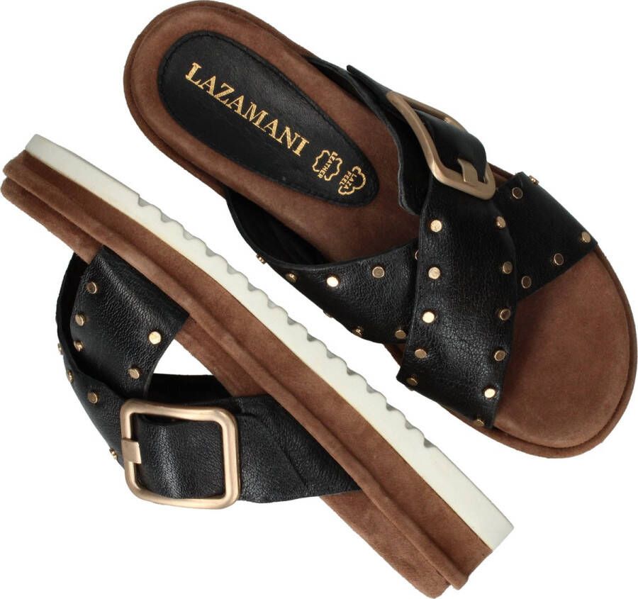 Lazamani Studded Leather Slipper with Buckle Closure Black Dames