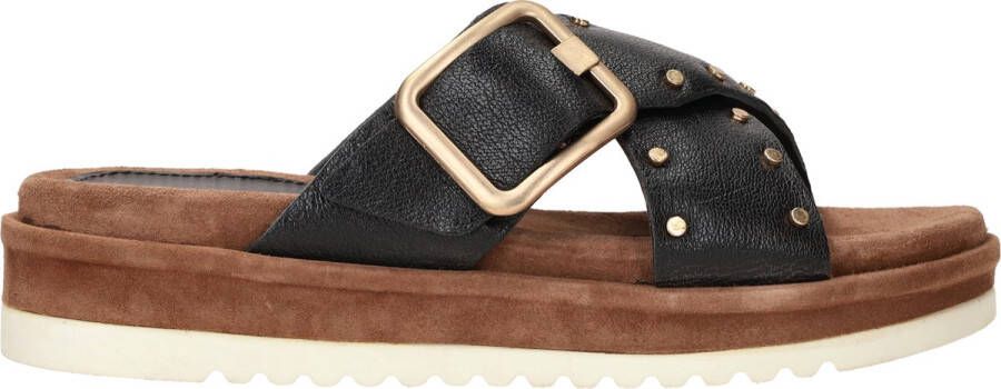 Lazamani Studded Leather Slipper with Buckle Closure Black Dames