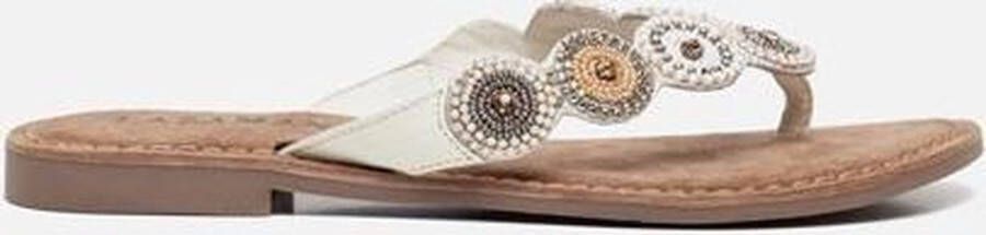 Lazamani dames leren teenslipper wit met kraaltjes