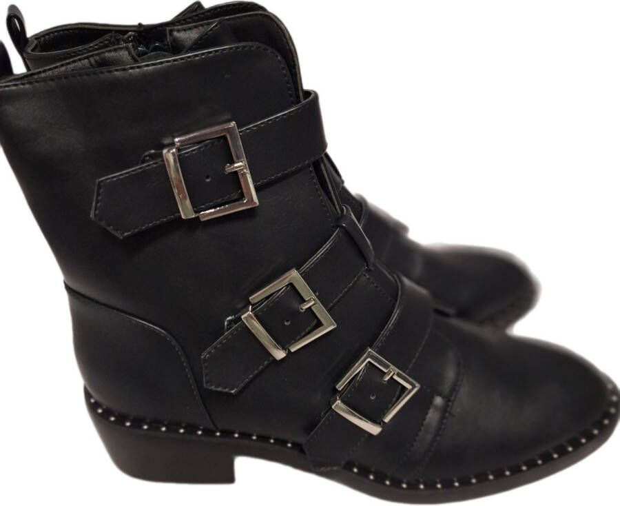 Lucky Shoes -ENKELBOOTS MET 3 GESPEN-LEDERLOOK-BLACK