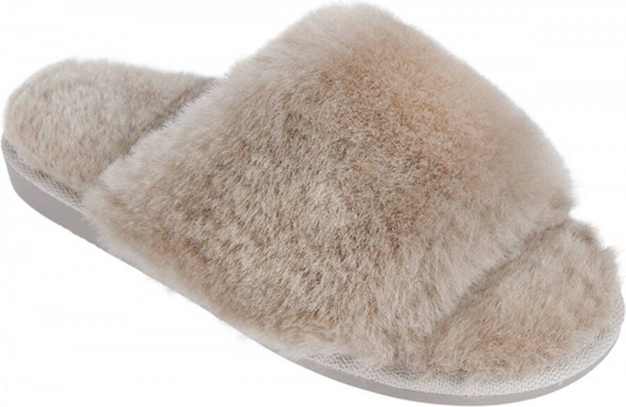 LuLu wonen Fluffy Slipper Beige echte Schapenvacht met flexibele rubberen zool