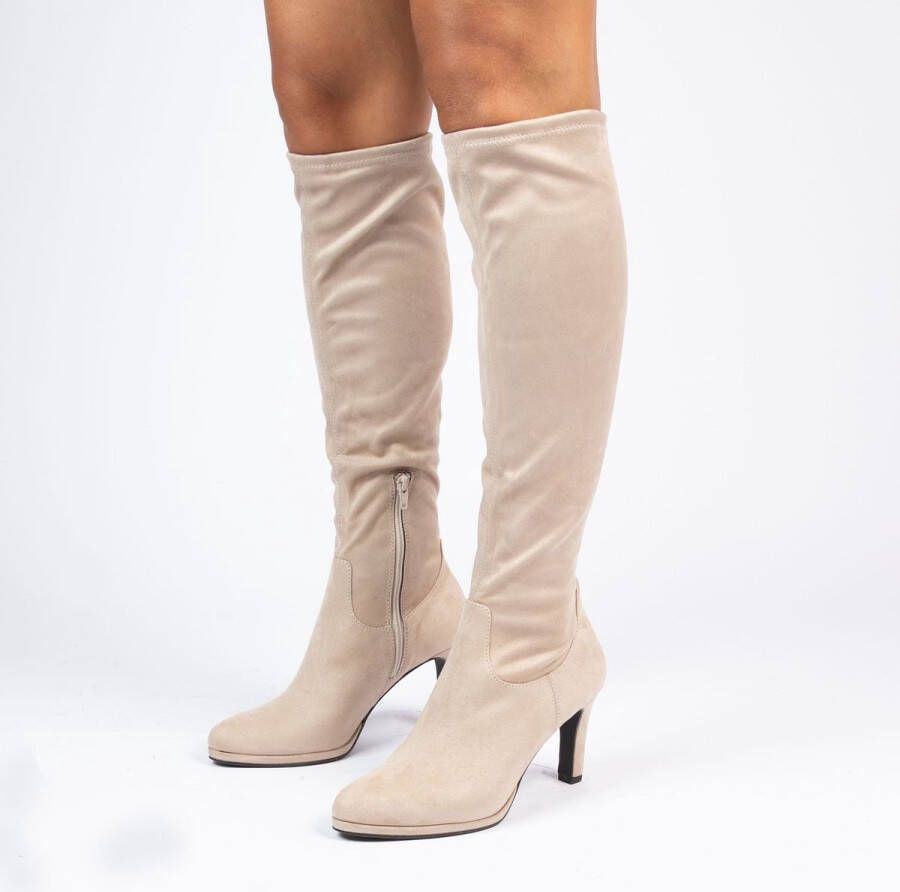 Manfield Dames Beige stretch laarzen met hak - Foto 2