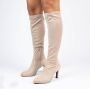 Manfield Dames Beige stretch laarzen met hak - Thumbnail 2