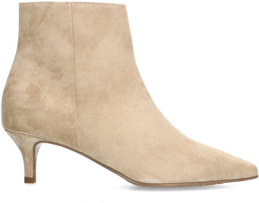 Manfield Dames Beige suède enkellaarsjes met hak