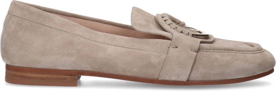 Manfield Dames Beige suède loafers met goudkleurig detail