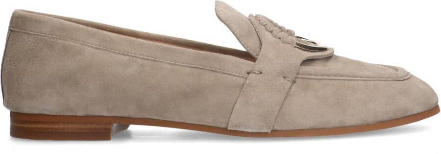 Manfield Dames Beige suède loafers met goudkleurig detail