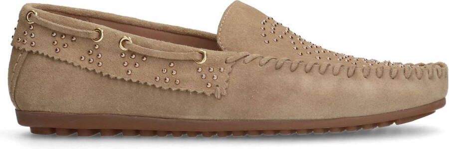 Manfield Dames Beige suède loafers met goudkleurige studs