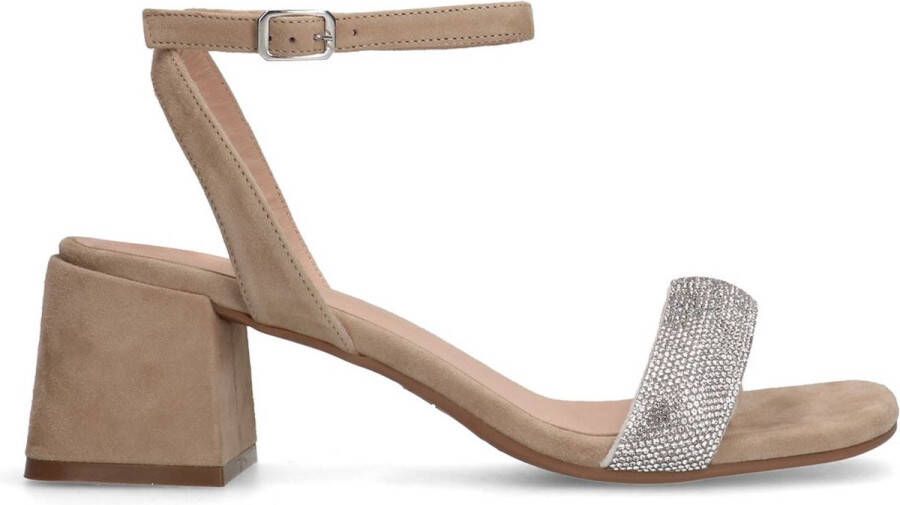 Manfield Dames Beige suède sandalen met hak met strass