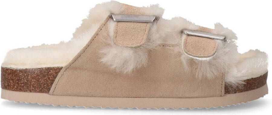 Manfield Dames Beige suède slippers met bondvoering