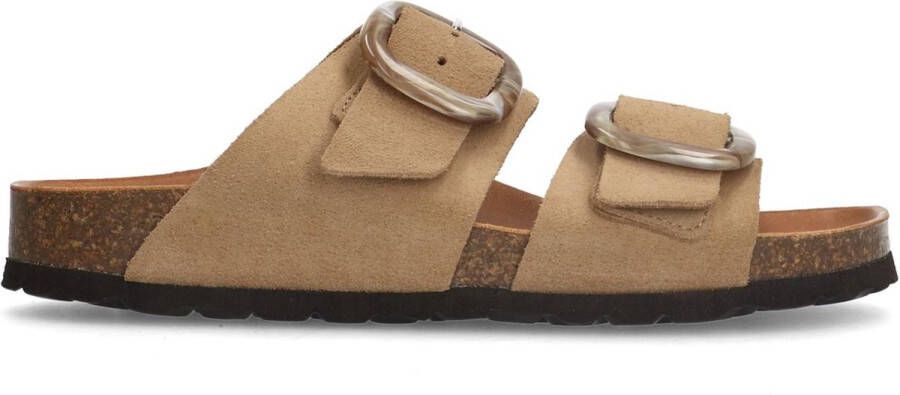 Manfield Dames Beige suède slippers met gesp