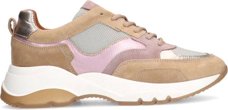 Manfield Dames Beige suède sneakers met mesh en metallic details