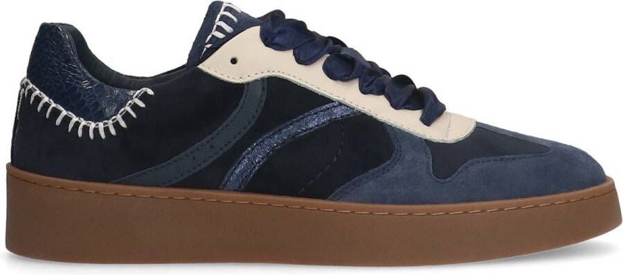 Manfield Dames Blauwe suède sneakers met fluwelen details