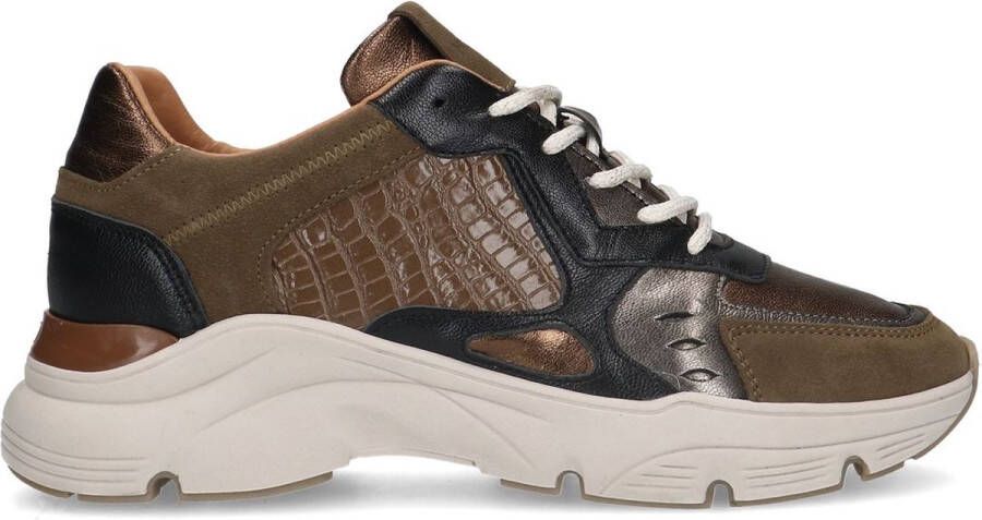 Manfield Dames Donkergroene leren sneakers met details