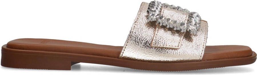 Manfield Dames Gouden leren slippers met diamanten gesp