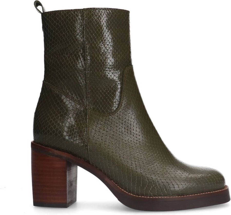 Manfield Dames Groene leren enkellaarsjes met crocoprint