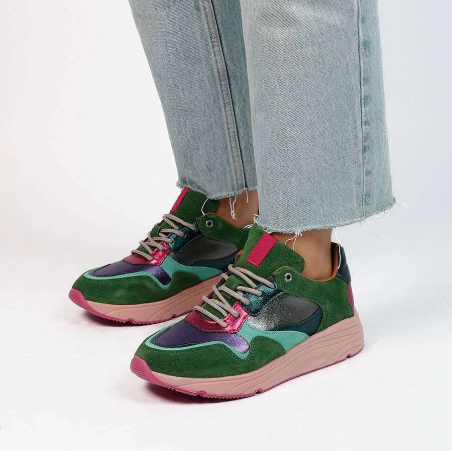 Manfield Dames Groene leren sneakers met suède details