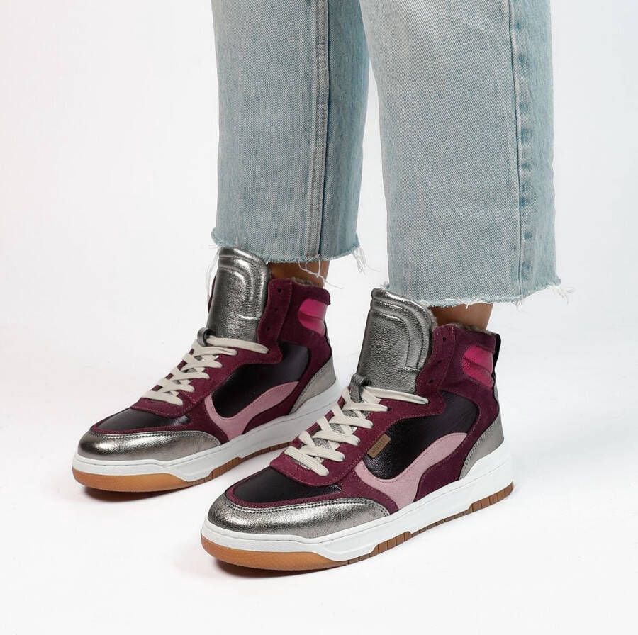 Manfield Dames Roze leren hoge sneakers met imitatiewol