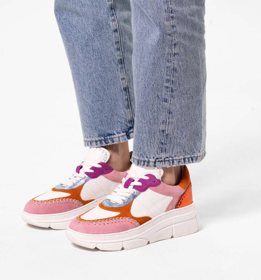 Manfield Dames Roze leren sneakers met suède details