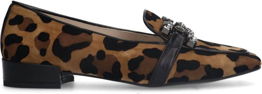 Manfield Dames Suède leopard loafers met chain