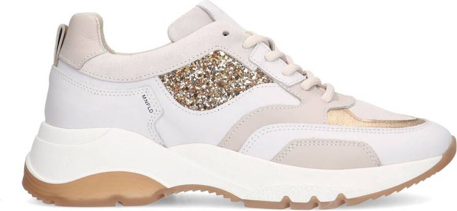 Manfield Dames Witte leren sneaker met gouden glitter