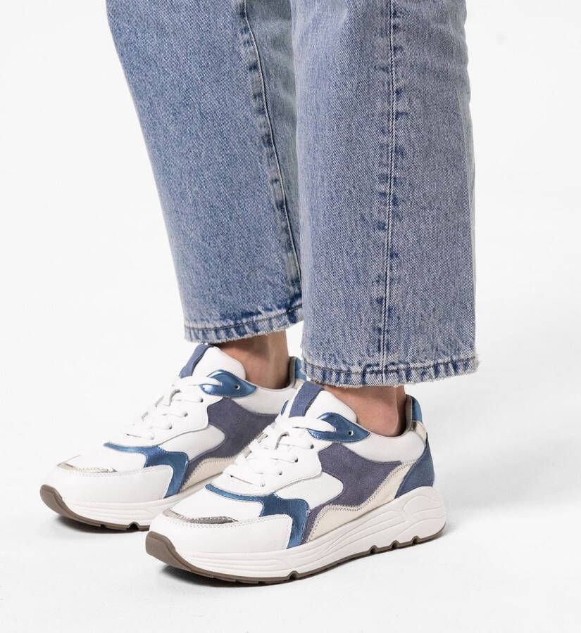 Manfield Dames Witte leren sneakers met blauwe details