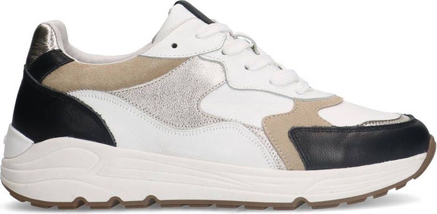 Manfield Dames Witte leren sneakers met goudkleurige en zwarte details