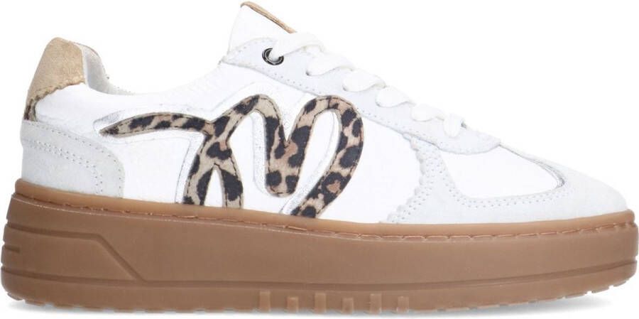 Manfield Dames Witte leren sneakers met leopard details