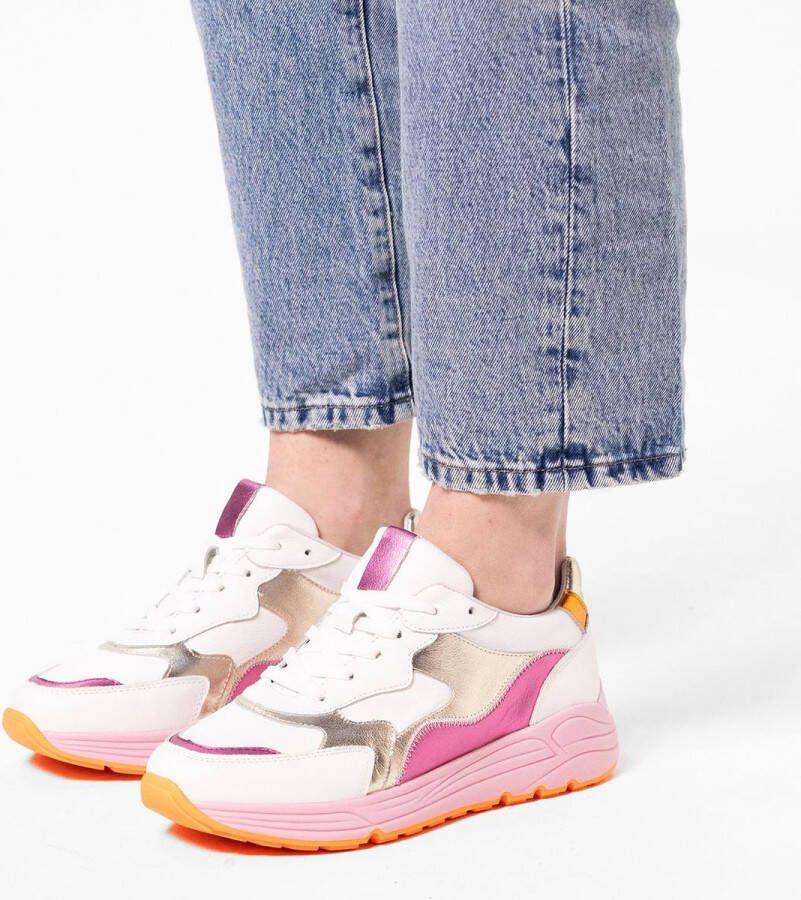 Manfield Dames Witte leren sneakers met roze en metallic details