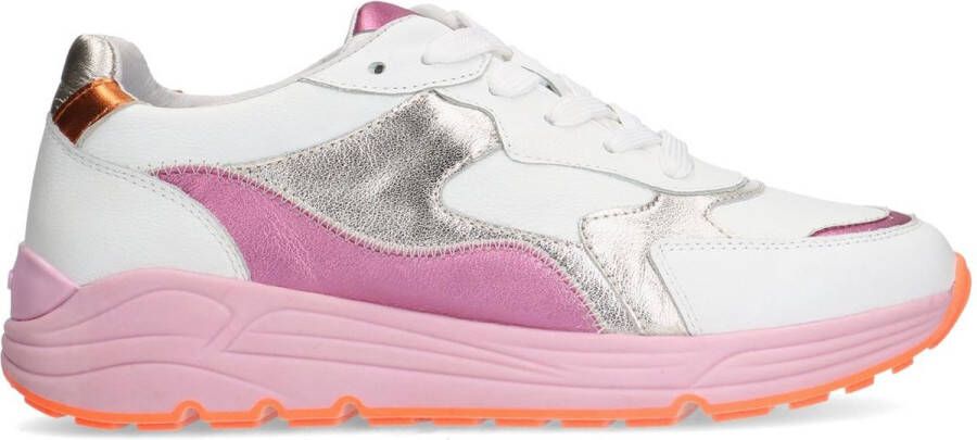 Manfield Dames Witte leren sneakers met roze en metallic details