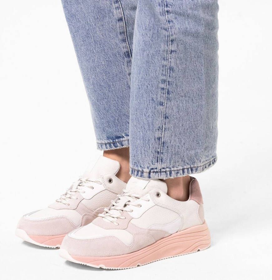 Manfield Dames Witte leren sneakers met roze zool