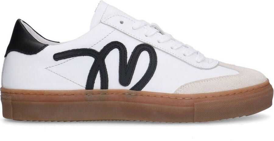 Manfield Dames Witte leren sneakers met zwarte details