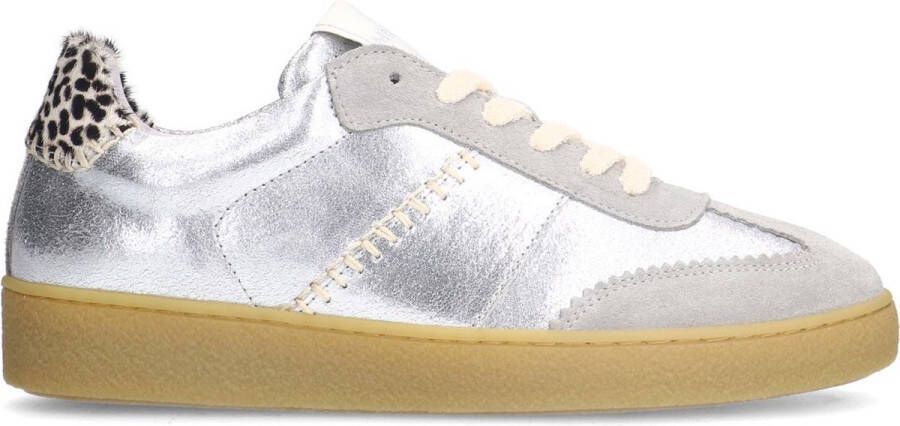 Manfield Dames Zilveren leren sneakers met leopard details