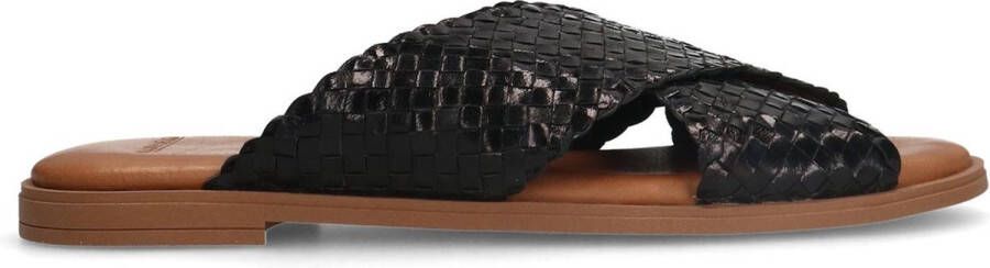 Manfield Dames Zwart leren gevlochten slippers