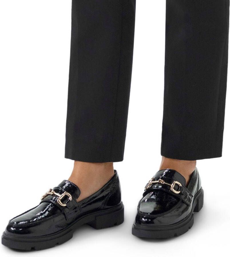 Manfield Dames Zwarte lakleren loafers met gouden chain