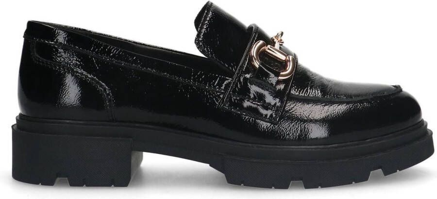 Manfield Dames Zwarte lakleren loafers met gouden chain