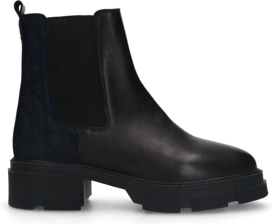 Manfield Dames Zwarte leren chelsea boots met stoffen achterkant